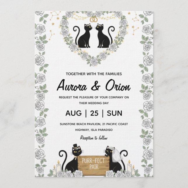 Convite de casamento de gato preto elegante (Frente)