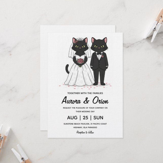 Convite de casamento de gato preto elegante (Frente/Verso In Situ)