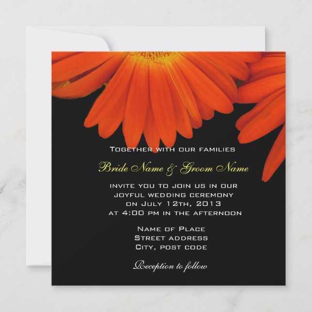convite de casamento de gerbera dália laranja eleg (Frente)