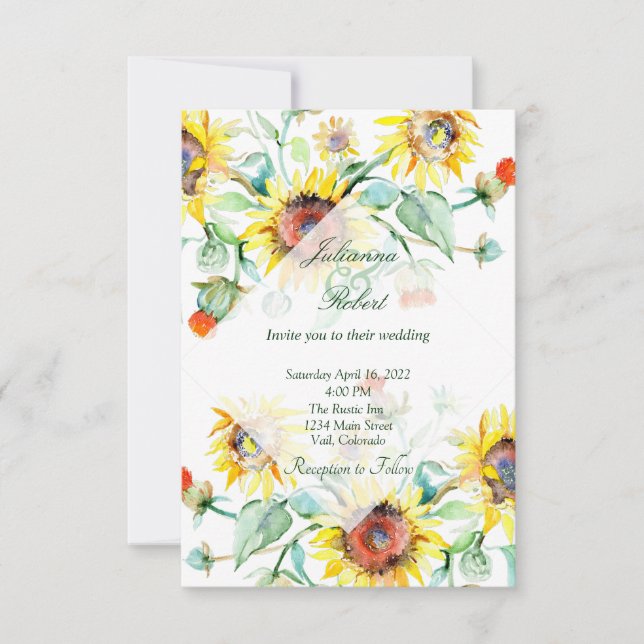 Convite de casamento de girassóis aquarela ensolar (Frente)