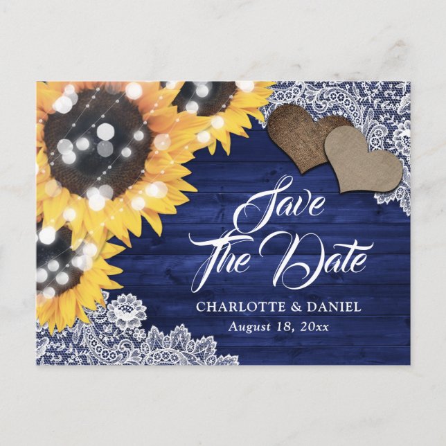 Convite de Casamento de Girassol Azul Marinho Save (Frente)