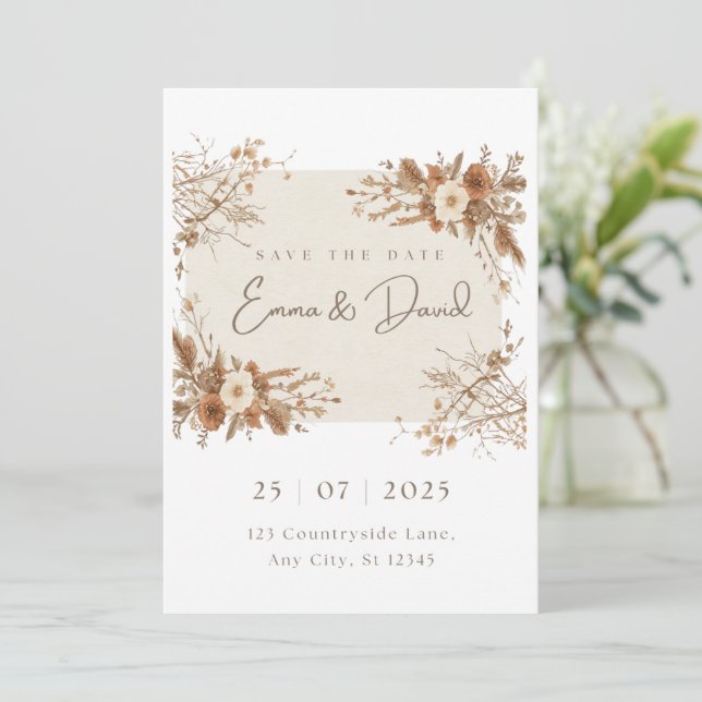 Convite de Casamento de Grama das Pampas Boho Rúst (Em pé/Frente)