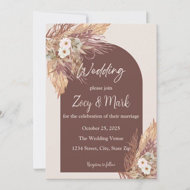Convite de Casamento de Grama de Pampas Boho — Ter (Frente)