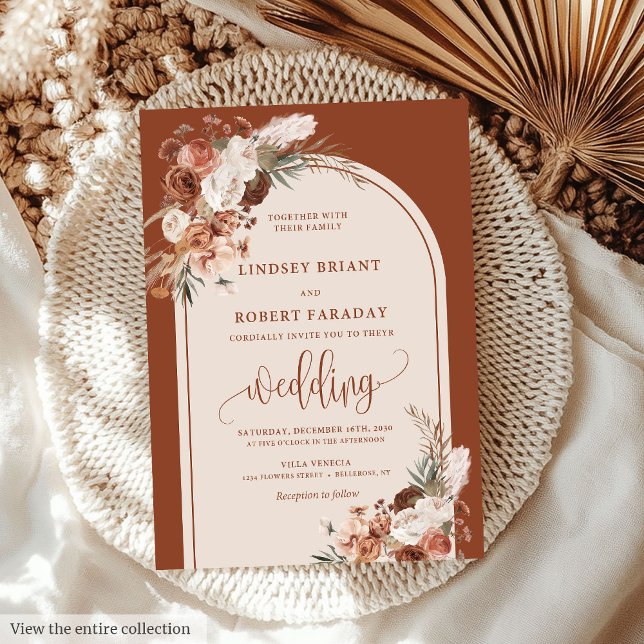 Convite de casamento de Grass Boho de Laranja Quei (Chic Burnt Orange Pampas Grass Boho Wedding Invitation)