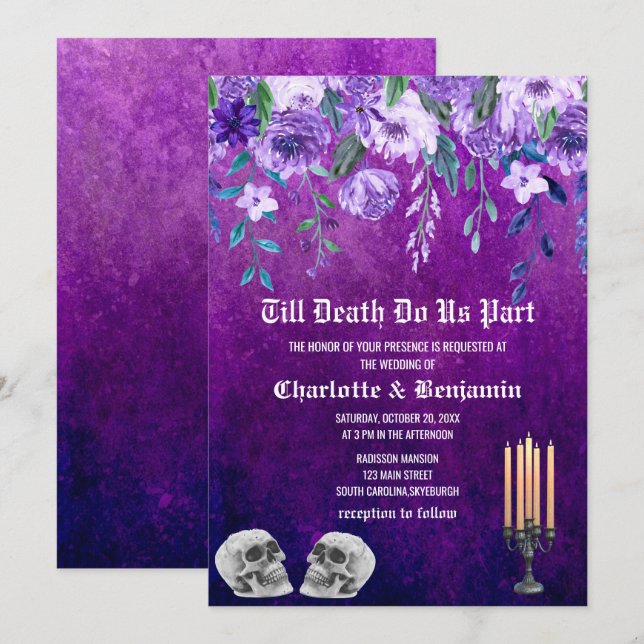 Convite de Casamento de Halloween com Caveira Flor (Frente/Verso)