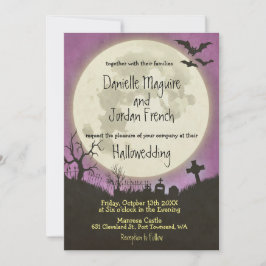 Convite de casamento de Halloween em roxo com lua