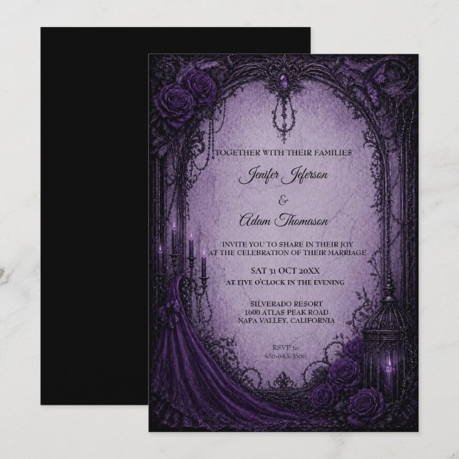 Convite de Casamento de Halloween em Roxo Gótico (Frente/Verso)