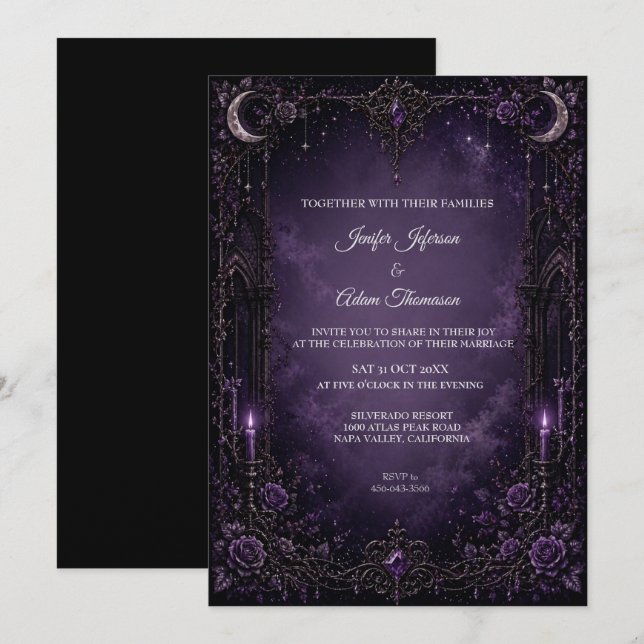 Convite de Casamento de Halloween em Roxo Gótico (Frente/Verso)