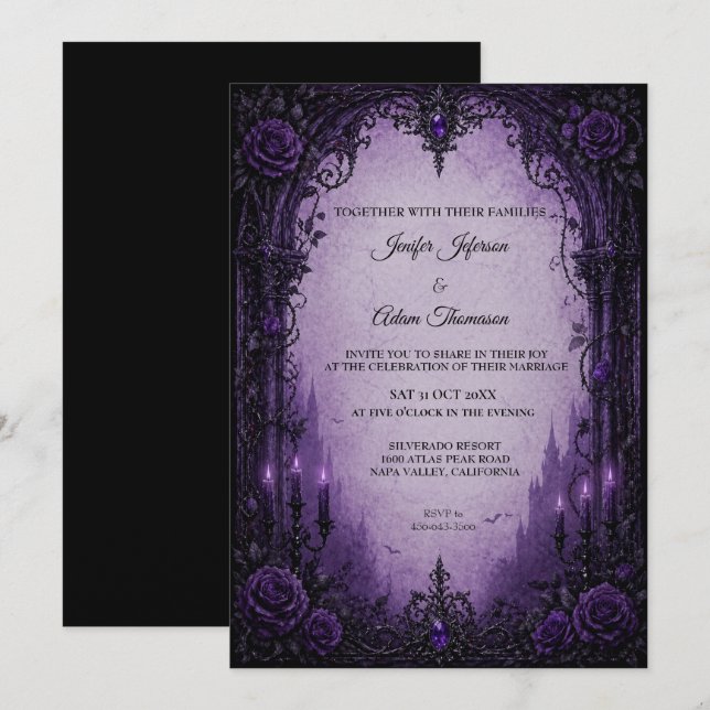 Convite de Casamento de Halloween em Roxo Gótico (Frente/Verso)
