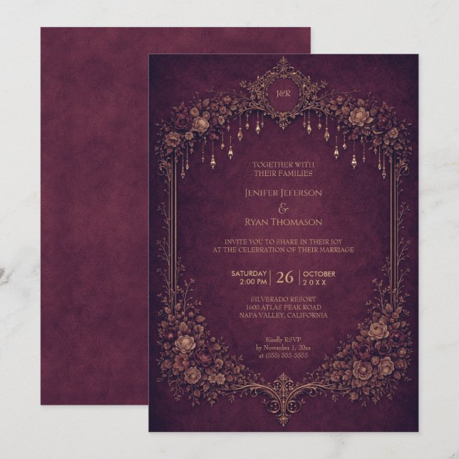Convite de casamento de halloween gótico floral el (Frente/Verso)
