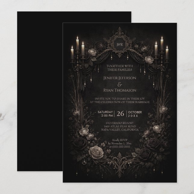 Convite de casamento de halloween gótico floral el (Frente/Verso)