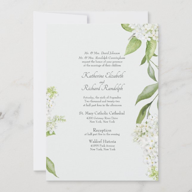 Convite de Casamento de Hortênsia Branca Elegante (Frente)