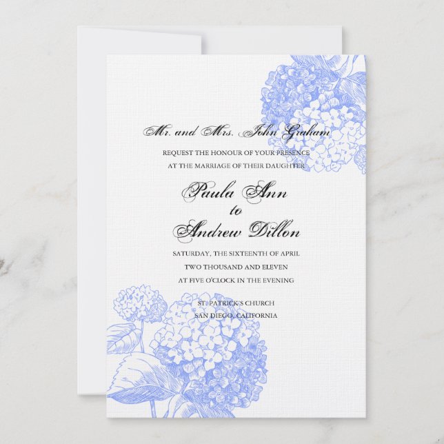 Convite de Casamento de Hydrangea Azul (Frente)