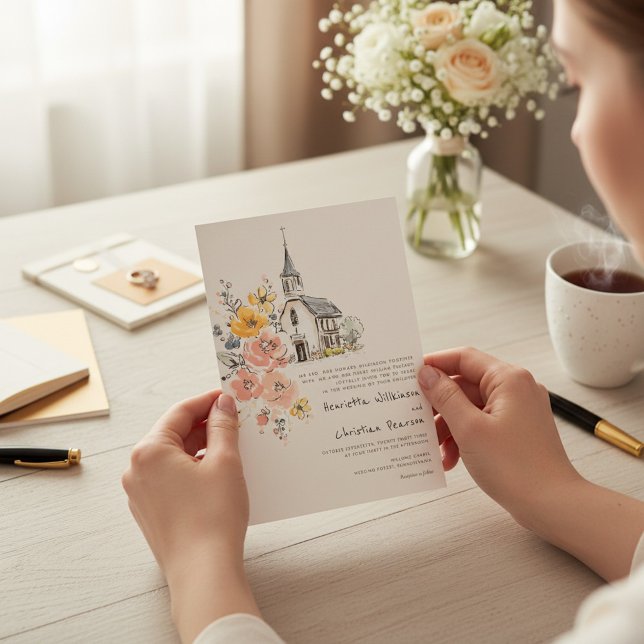 Convite de Casamento de Igreja Floral Aquarela (Criador carregado)