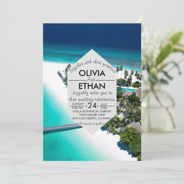 Convite de casamento de ilha à beira-mar Marinha (Em pé/Frente)