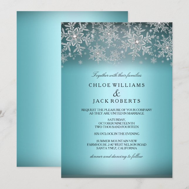 Convite de Casamento de Inverno Azul Floco de Neve (Frente/Verso)