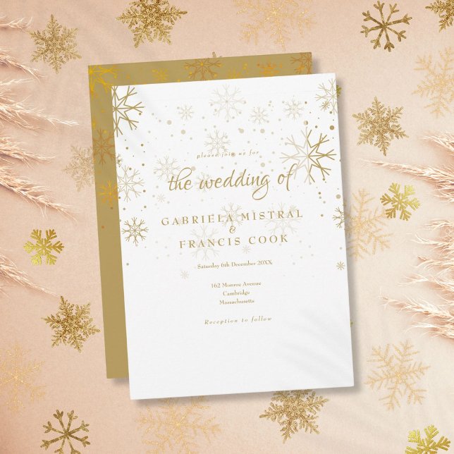 Convite de Casamento de Inverno com Flocos de Neve (Gold Snowflakes Winter Wedding Invitation)