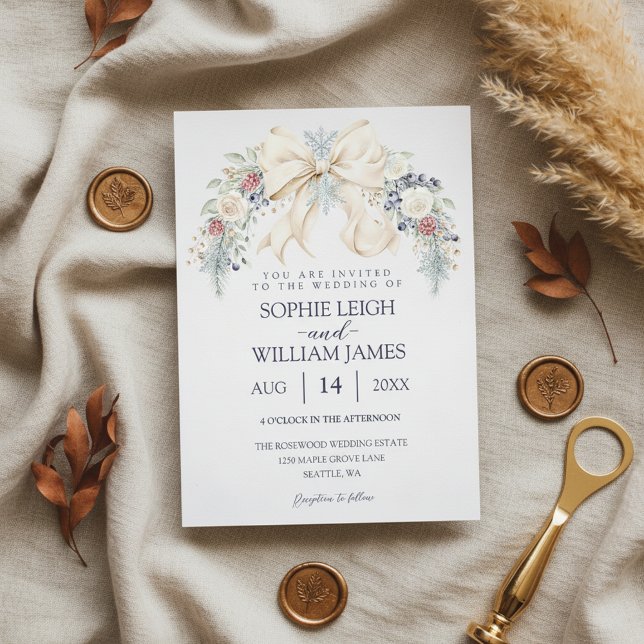 Convite de Casamento de Inverno com Laço Creme e F (blush and blue wedding invite
personalized winter wedding invite)