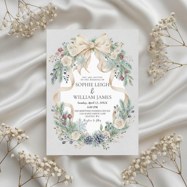 Convite de Casamento de Inverno com Laço Creme e F (elegant winter wedding invitation)