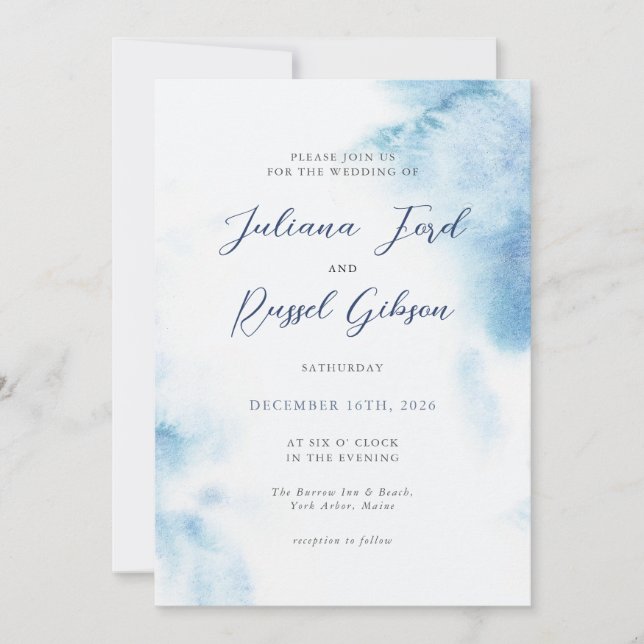 Convite de Casamento de Inverno em Aquarela Azul P (Frente)