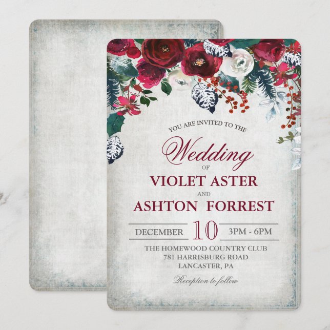 Convite de Casamento de Inverno Floral Borgonha (Frente/Verso)