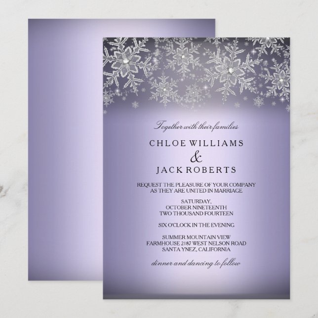 Convite de Casamento de Inverno Roxo Floco de Neve (Frente/Verso)