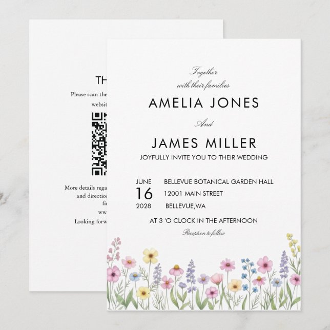 Convite de Casamento de Jardim de Flores Silvestre (Frente/Verso)