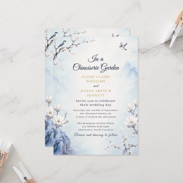 Convite de Casamento de Jardim em Azul Desbotado c (Frente/Verso In Situ)