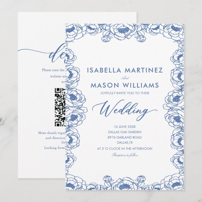 convite de casamento de jardim floral azul empoeir (Frente/Verso)