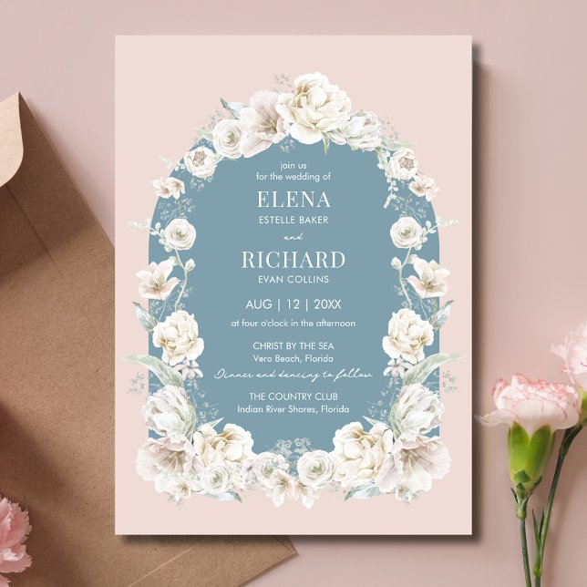Convite De Casamento De Jardim Floral Azul-Rosa Es (Blush Pink Blue Floral Garden Wedding Invitation)
