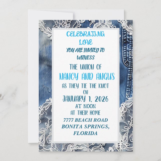convite de casamento de jeans e renda antiga (Frente)