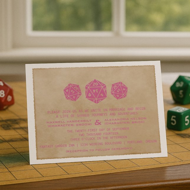 Convite De Casamento De Jogador De Arroz D20, Rosa (Pink Grunge D20 Dice Gamer Wedding Invitation)