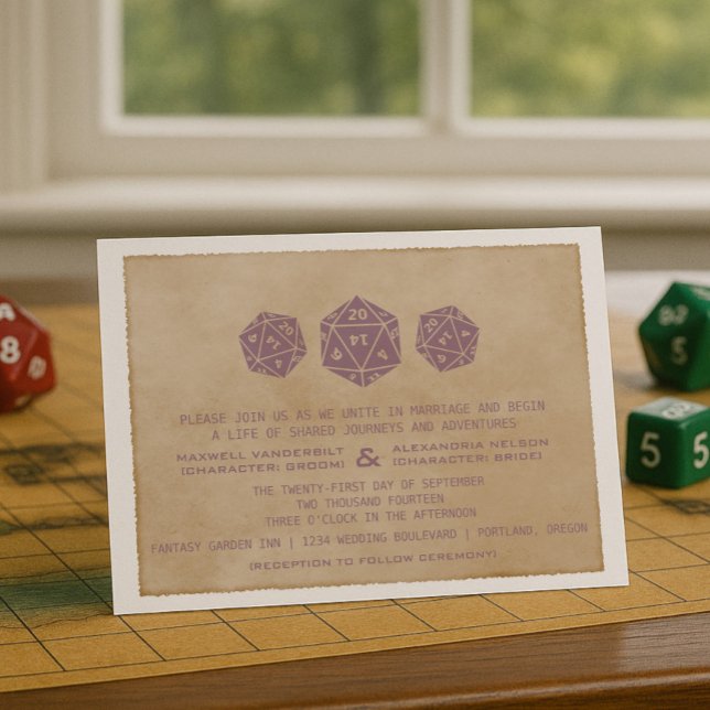Convite De Casamento De Jogador De Arroz Grunge D2 (Purple Grunge D20 Dice Gamer Wedding Invitation)