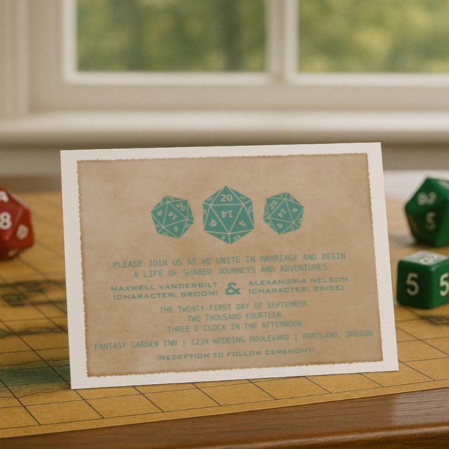 Convite De Casamento De Jogador De Arroz Teal Grun (Teal Grunge D20 Dice Gamer Wedding Invitation)