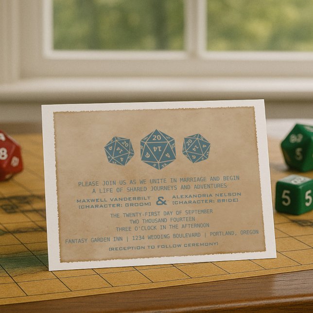 Convite De Casamento De Jogador De Dice D20 Blue G (Blue Grunge D20 Dice Gamer Wedding Invitation)