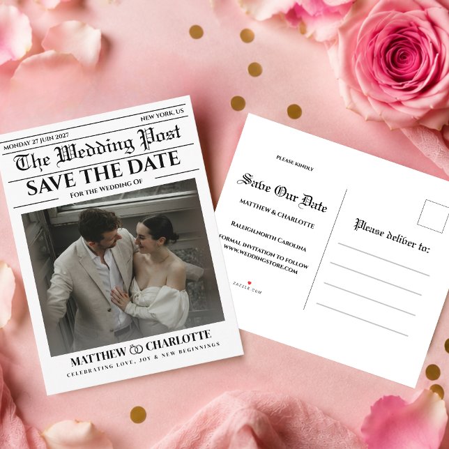 Convite de Casamento de Jornal Salve a Data (newspaper save the date unique black and white fun vintage retro )