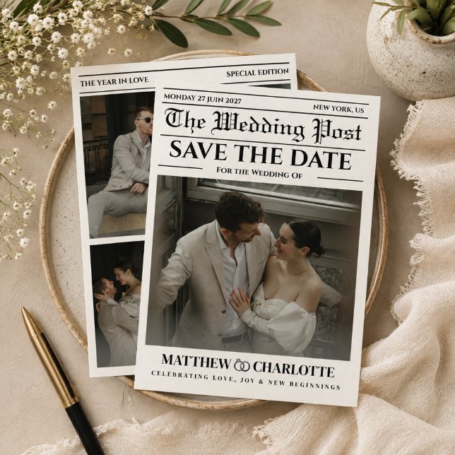 Convite de Casamento de Jornal Salve a Data (newspaper wedding save the date cards black and white unique fun classic retro)