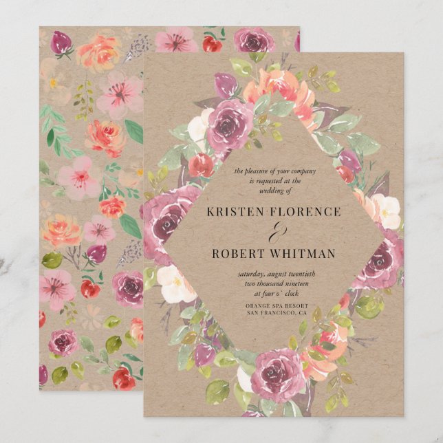 Convite De Casamento De Kraft Floral Rustic Vibran (Frente/Verso)