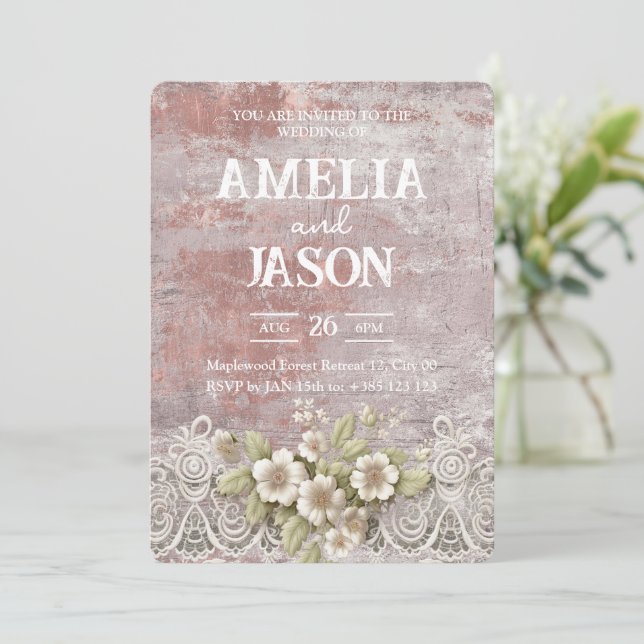 Convite de Casamento de Lace de Tinta Rosa-chique (Em pé/Frente)