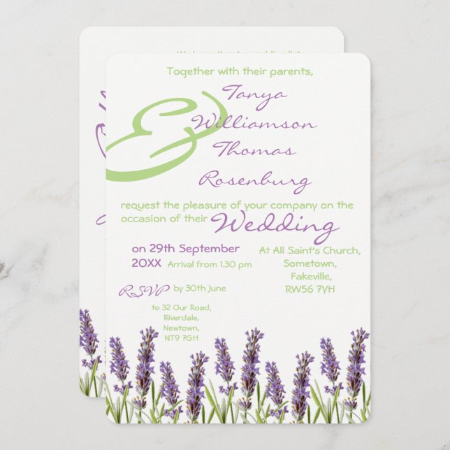 Convite de Casamento de lavanda (Frente/Verso)