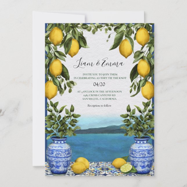 Convite de Casamento de Limões Azulejos Blue Medit (Frente)