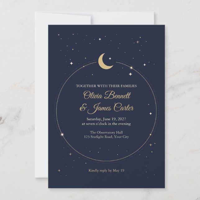 Convite de Casamento de Lua Crescente Celestial em (Frente)