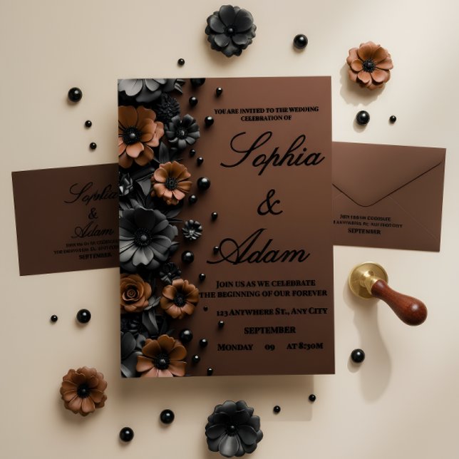 Convite de Casamento de Luxo 3D Floral Bronze e Pr (Criador carregado)