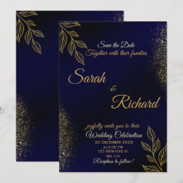 Convite de Casamento de Luxo Azul Marinho Dourado