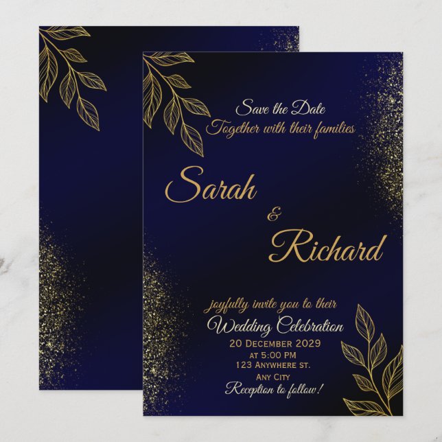 Convite de Casamento de Luxo Azul Marinho Dourado (Frente/Verso)