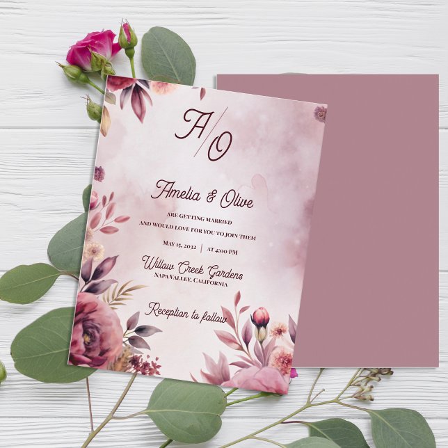 Convite de Casamento de Luxo Romântico Etéreo Rosa (Ethereal Mauve Fine Art Floral Wedding Invitation | Romantic Luxury Blush Wedding Invitation)