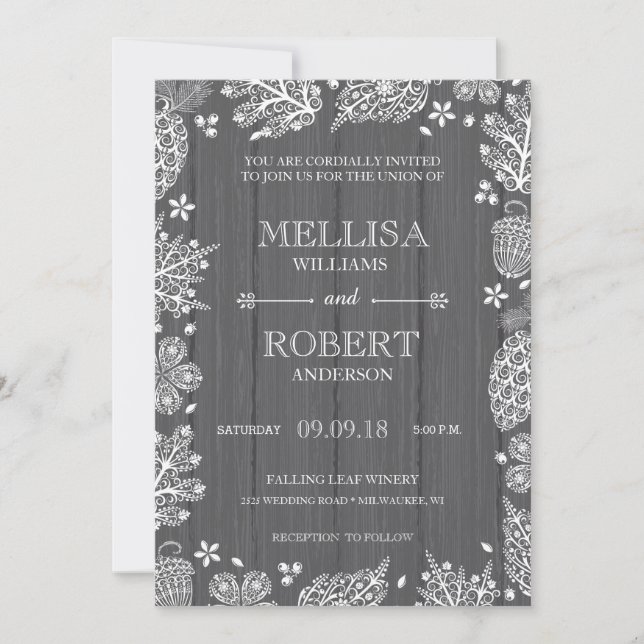 Convite de Casamento de Madeira com Folhas de Rend (Frente)