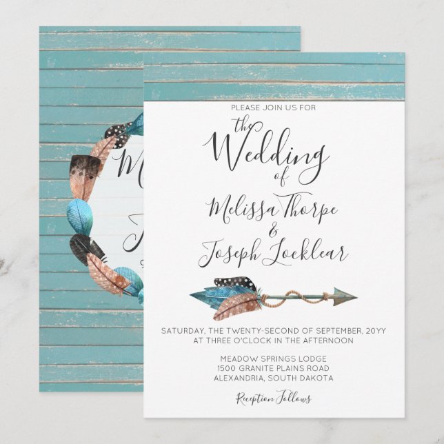 Convite de Casamento de Madeira em Turquesa Rústic (Frente/Verso)