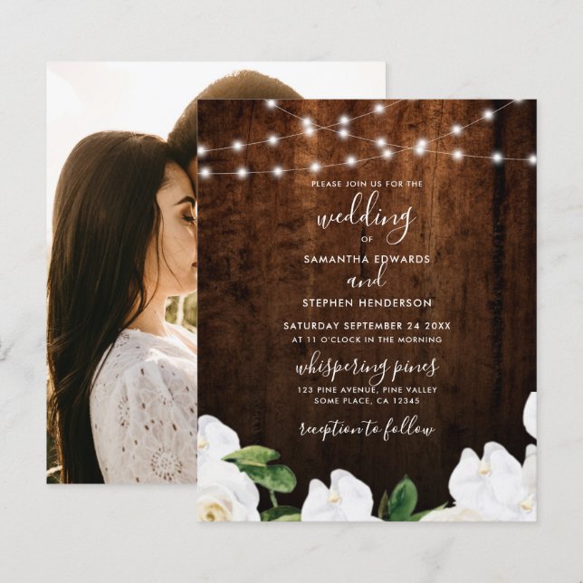 Convite de Casamento de Madeira Floral com Luzes d (Frente/Verso)