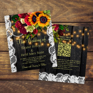 Convite de casamento de madeira floral rústico QR